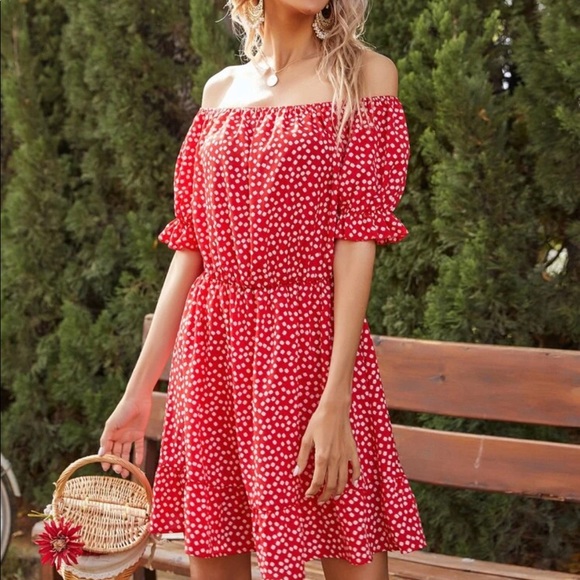 Polka dot off shoulder ruffle hem mini dress - Picture 3 of 7